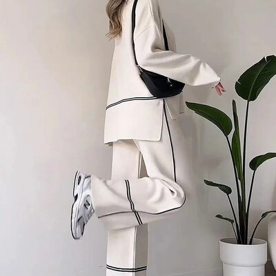 Ikdienas sieviešu komplekts pavasara rudens modes apģērbs ar garām piedurknēm O veida kakla brīvs uzvalks sievietēm ar vintage kabatas augšpusi garas, platas bikses 2 gab.