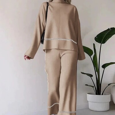 Ikdienas sieviešu komplekts pavasara rudens modes apģērbs ar garām piedurknēm O veida kakla brīvs uzvalks sievietēm ar vintage kabatas augšpusi garas, platas bikses 2 gab.