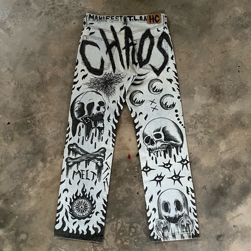 Skull letter geomeetriline printimine Gooti tumedas stiilis kõrge vöökohaga teksased meestele Y2K trendikad street rocki rula kottis dressipüksid