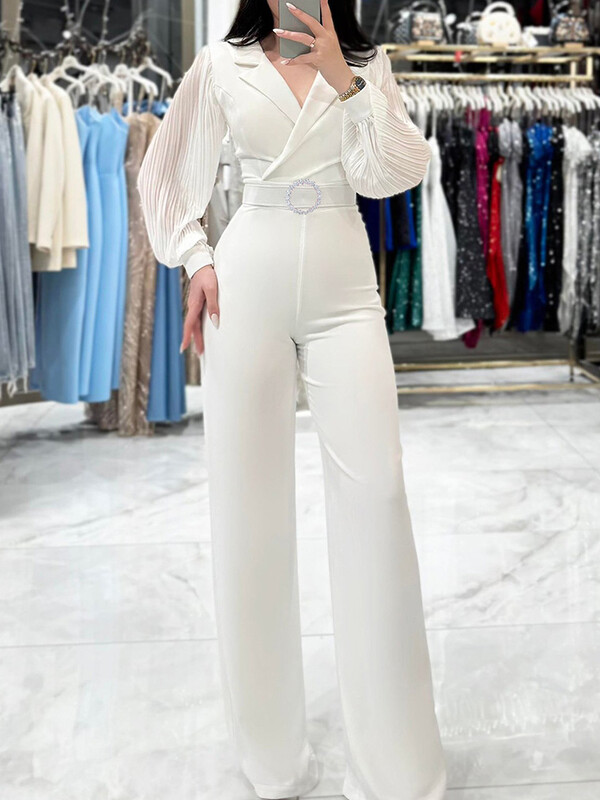 Sieviešu kombinezoni ar garām piedurknēm, viengabalains kombinezons, pavasara rudens bikses ar platām kājām, vienkārši rotaļu tērpi, 2025 V kakla modes sieviešu bodiji