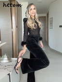 Елегантни гащеризони с декорация от кадифе и пера Дамски тънки подплънки за раменете с колан с дълъг ръкав Гащеризон с висока талия 2024 Lady Chic Party Romper