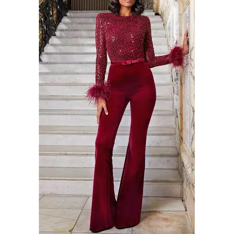 Ležerni kombinezon dugih rukava, moderan ženski kombinezon s perjem, europski i američki stil za sva godišnja doba