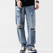 Modes vintage džinsi Vīriešu ielas apģērbs plēstas brīvas hiphopa bikses ikdienišķas taisnas vīriešu drēbes platas džinsa bikses