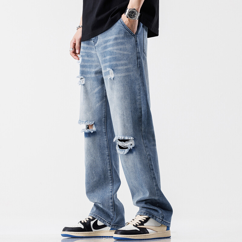 Modes vintage džinsi Vīriešu ielas apģērbs plēstas brīvas hiphopa bikses ikdienišķas taisnas vīriešu drēbes platas džinsa bikses