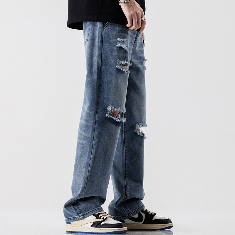 Modes vintage džinsi Vīriešu ielas apģērbs plēstas brīvas hiphopa bikses ikdienišķas taisnas vīriešu drēbes platas džinsa bikses