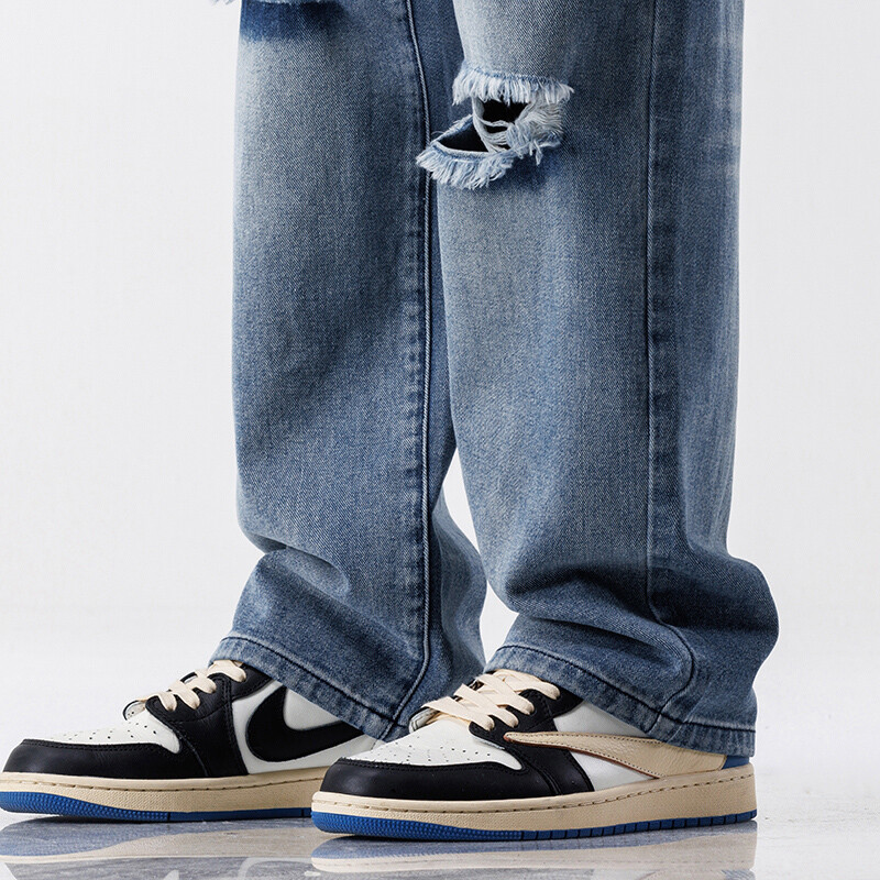 Modes vintage džinsi Vīriešu ielas apģērbs plēstas brīvas hiphopa bikses ikdienišķas taisnas vīriešu drēbes platas džinsa bikses
