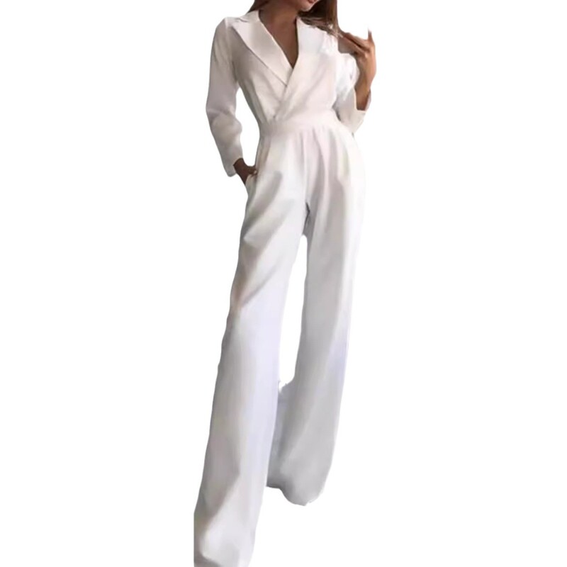 2025. aasta kevad/suvi püksid, ühevärvilised pikkade varrukatega disainiga Sense revääriga vöökoha keskosa temperamendiga pendeldajad naiste vabaaja kombinesoonid