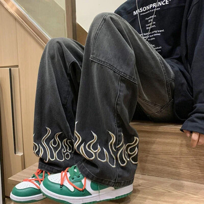 2024. gada jauni izšuvumi vīriešu džinsi, neitrāli, plati modes džinsa bikses, maigas, taisnas džinsa auduma jauniešu ikdienas hiphopa bikses