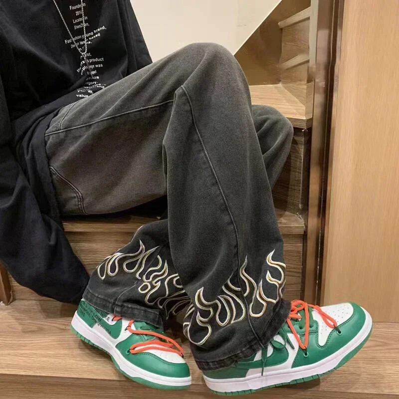 2024. gada jauni izšuvumi vīriešu džinsi, neitrāli, plati modes džinsa bikses, maigas, taisnas džinsa auduma jauniešu ikdienas hiphopa bikses