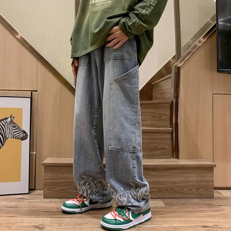 2024. gada jauni izšuvumi vīriešu džinsi, neitrāli, plati modes džinsa bikses, maigas, taisnas džinsa auduma jauniešu ikdienas hiphopa bikses