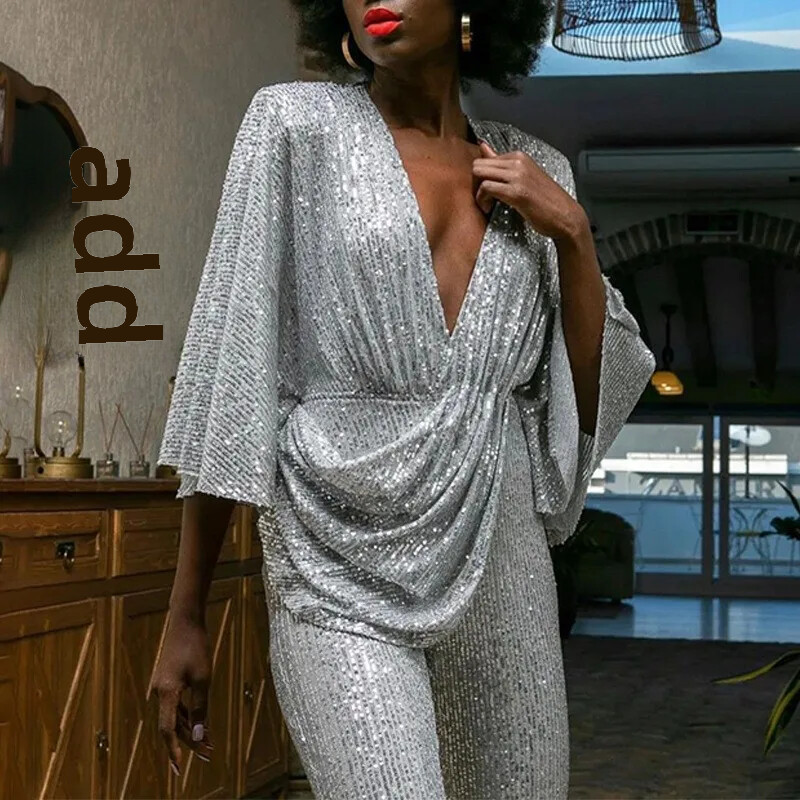 2024. gada jauns sieviešu apģērbs, Eiropa, Amerika, ārējā tirdzniecība, mirdzošas, seksīgas dziļas V kombinezonas bikses