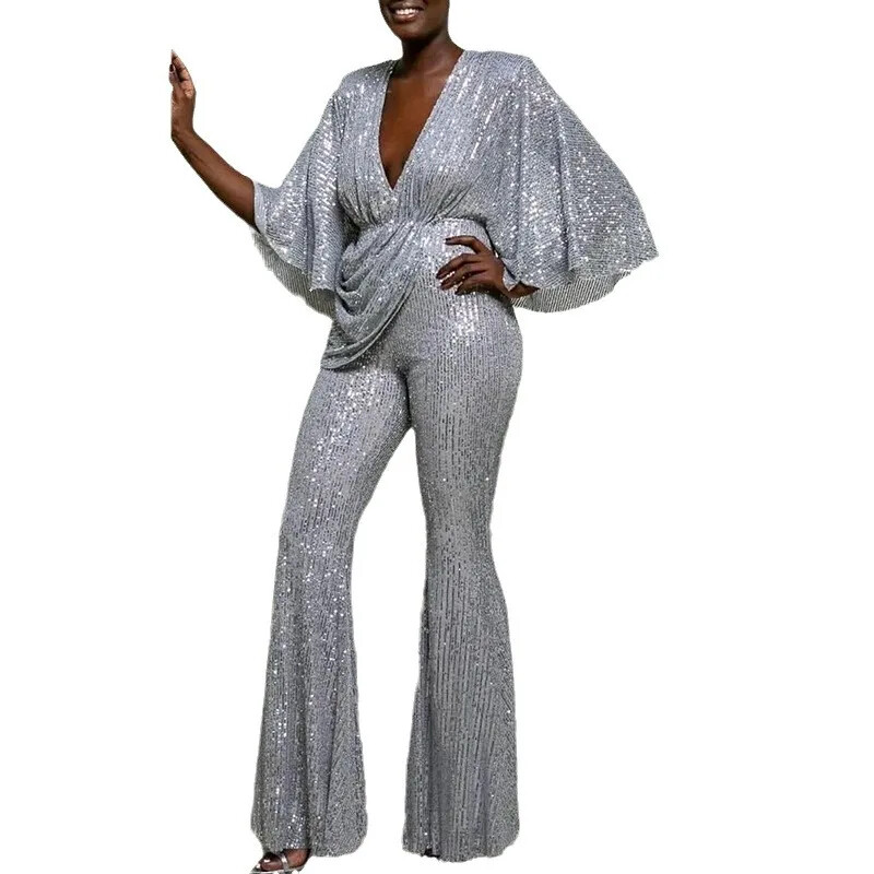 2024. gada jauns sieviešu apģērbs, Eiropa, Amerika, ārējā tirdzniecība, mirdzošas, seksīgas dziļas V kombinezonas bikses