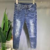 Vīriešu džinsa džinsi ar sarežģītu dizainu Slim Fit, elastīgi dizaina džinsi modes puišiem Vintage Cowboy Boyfriend džinsi vīriešiem