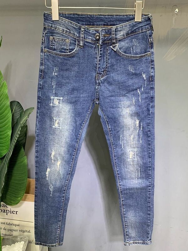 Vīriešu džinsa džinsi ar sarežģītu dizainu Slim Fit, elastīgi dizaina džinsi modes puišiem Vintage Cowboy Boyfriend džinsi vīriešiem