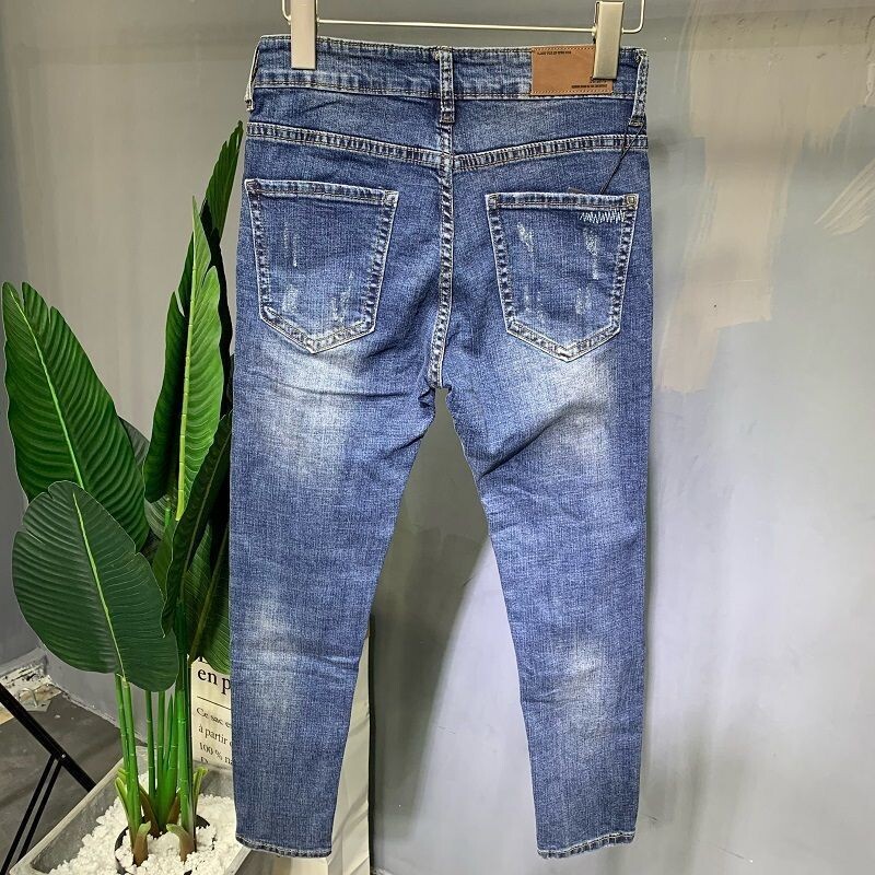 Vīriešu džinsa džinsi ar sarežģītu dizainu Slim Fit, elastīgi dizaina džinsi modes puišiem Vintage Cowboy Boyfriend džinsi vīriešiem