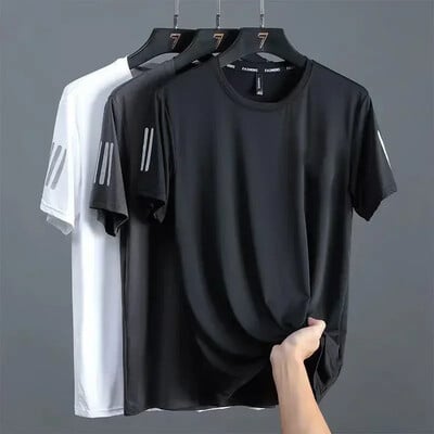 Tricou din mătase de gheață de vară pentru bărbați cu gât rotund, cu uscare rapidă, mâneci scurte, cu jumătate de mânecă, respirabil, tricou largi sport pentru bărbați