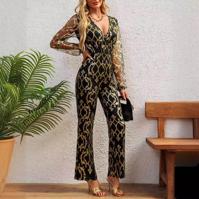 Нов дамски модерен темпераментен елегантен прилепнал сребърен гащеризон с горещо щамповане вечерна рокля дамско облекло