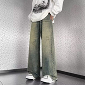 Muške vintage traperice visokog struka širokih nogavica Muške modne ravne ležerne traper hlače Opuštena ulična odjeća za mlade Plave traper hlače