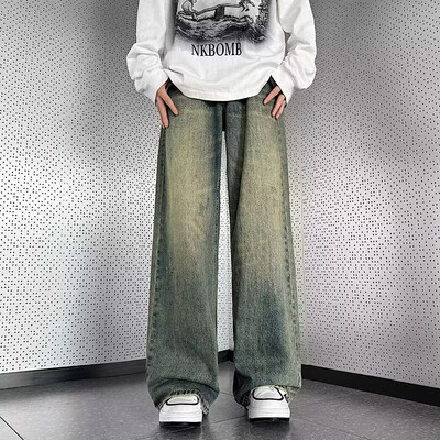 Muške vintage traperice visokog struka širokih nogavica Muške modne ravne ležerne traper hlače Opuštena ulična odjeća za mlade Plave traper hlače