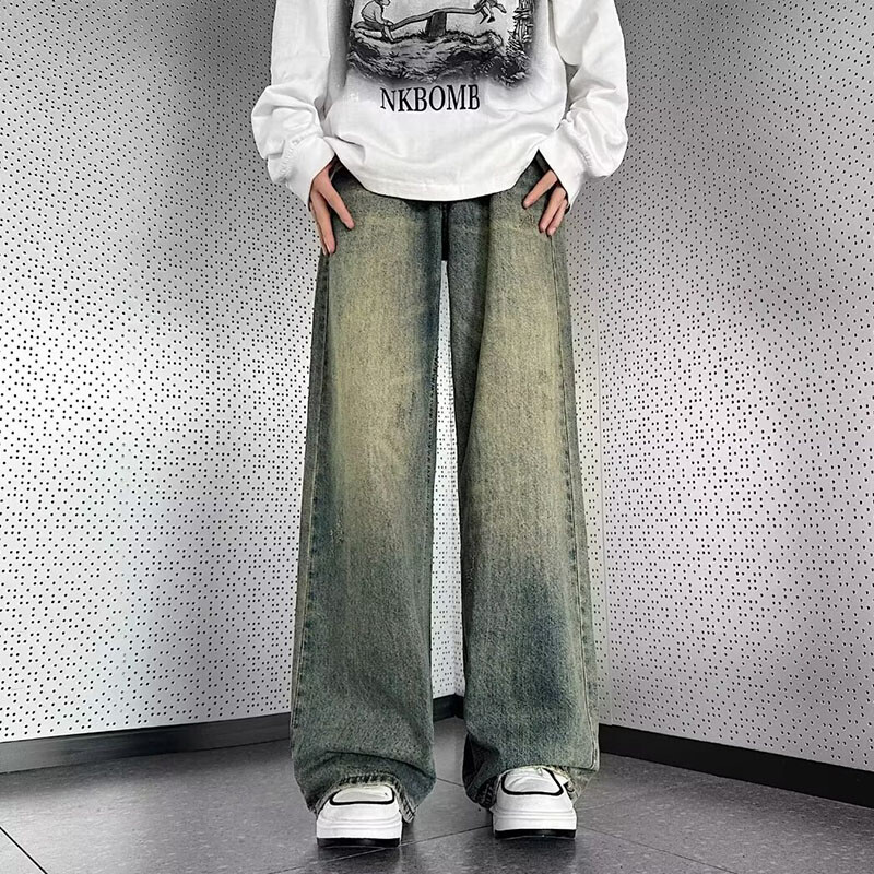 Muške vintage traperice visokog struka širokih nogavica Muške modne ravne ležerne traper hlače Opuštena ulična odjeća za mlade Plave traper hlače