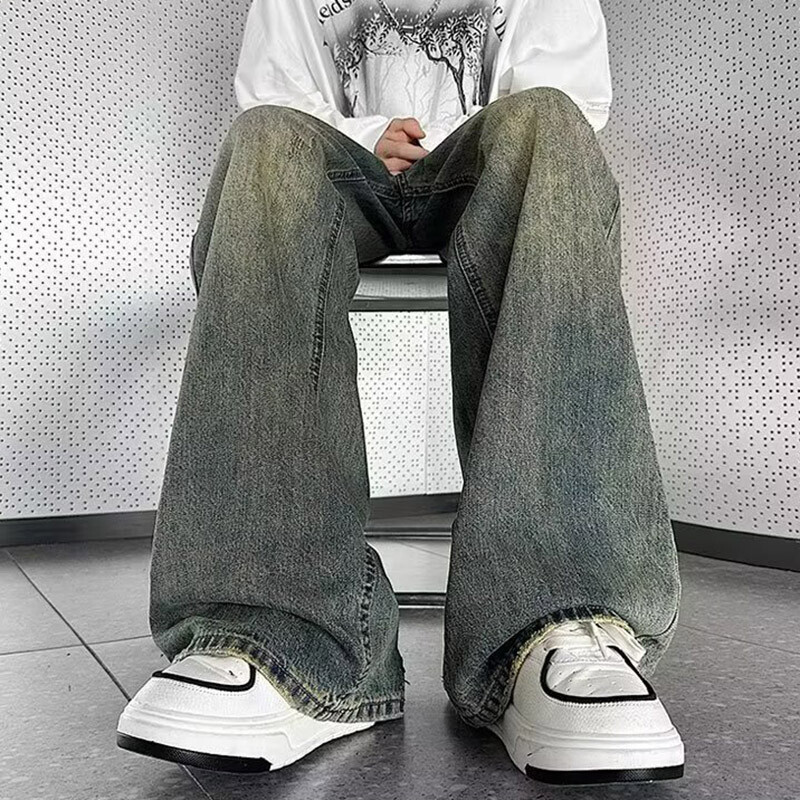 Muške vintage traperice visokog struka širokih nogavica Muške modne ravne ležerne traper hlače Opuštena ulična odjeća za mlade Plave traper hlače