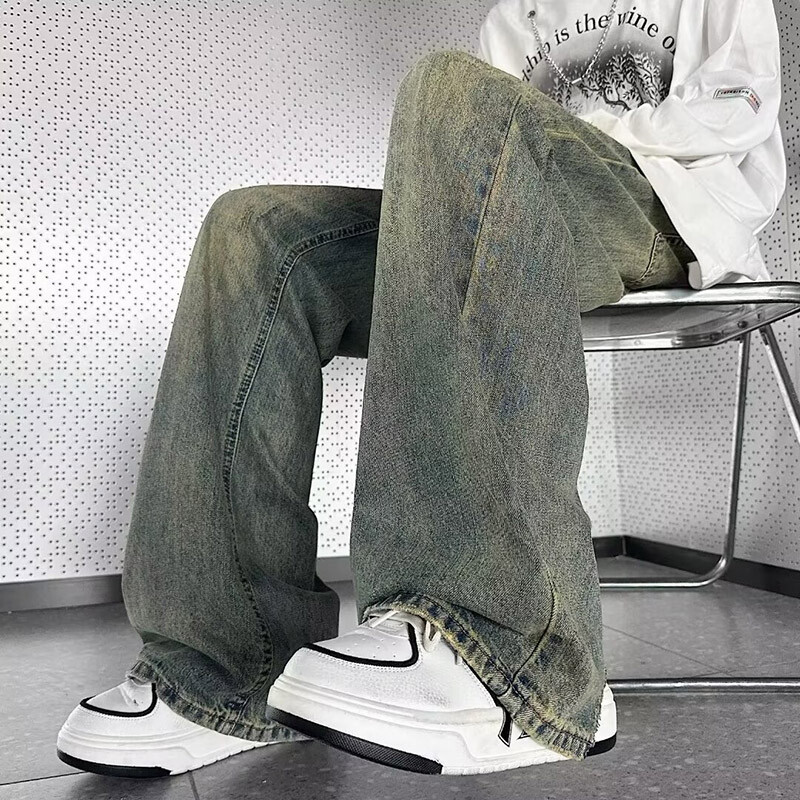 Muške vintage traperice visokog struka širokih nogavica Muške modne ravne ležerne traper hlače Opuštena ulična odjeća za mlade Plave traper hlače