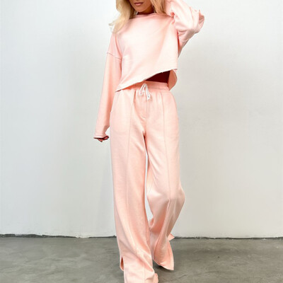 Ženska jesenska dvodijelna odjeća za 2024. Majice dugih rukava s O-izrezom Široke široke nogavice Lounge kompleti hlača Ravne hlače Odijelo Ropa Mujer