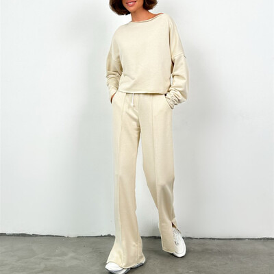 Ženska jesenska dvodijelna odjeća za 2024. Majice dugih rukava s O-izrezom Široke široke nogavice Lounge kompleti hlača Ravne hlače Odijelo Ropa Mujer