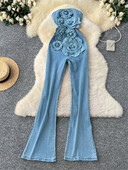 SINGREINY Модни дънкови дълги гащеризони с цип 3D флорален шикозен дизайн гащеризони Корейски тенденции Ins Едноцветни улични Дамски костюми за игра