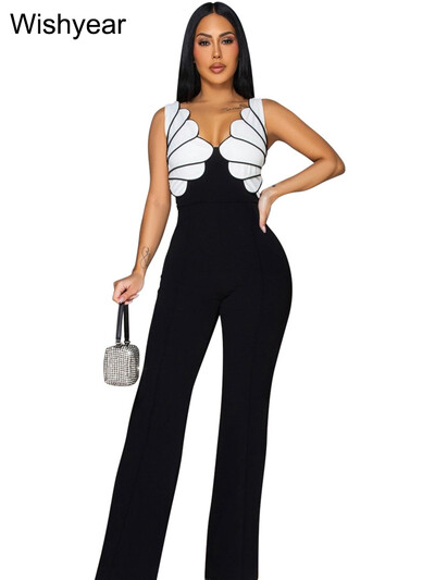 Jauni eleganti melni kombinezoni sieviešu spageti siksniņai bez piedurknēm, platas bikses, seksīgas ballītes naktsklubs One Pieces rompēs