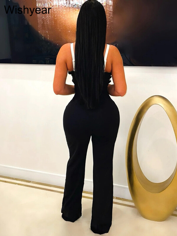 Jauni eleganti melni kombinezoni sieviešu spageti siksniņai bez piedurknēm, platas bikses, seksīgas ballītes naktsklubs One Pieces rompēs