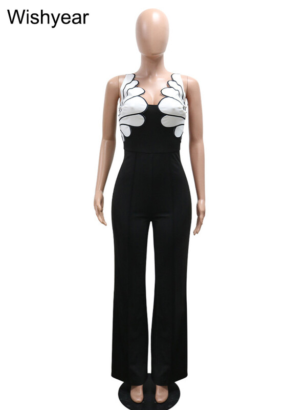 Jauni eleganti melni kombinezoni sieviešu spageti siksniņai bez piedurknēm, platas bikses, seksīgas ballītes naktsklubs One Pieces rompēs