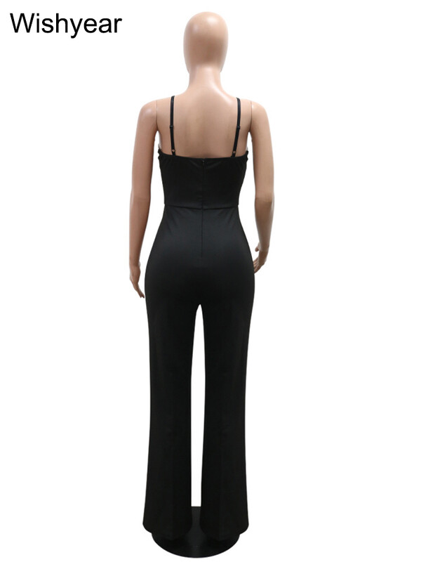 Jauni eleganti melni kombinezoni sieviešu spageti siksniņai bez piedurknēm, platas bikses, seksīgas ballītes naktsklubs One Pieces rompēs