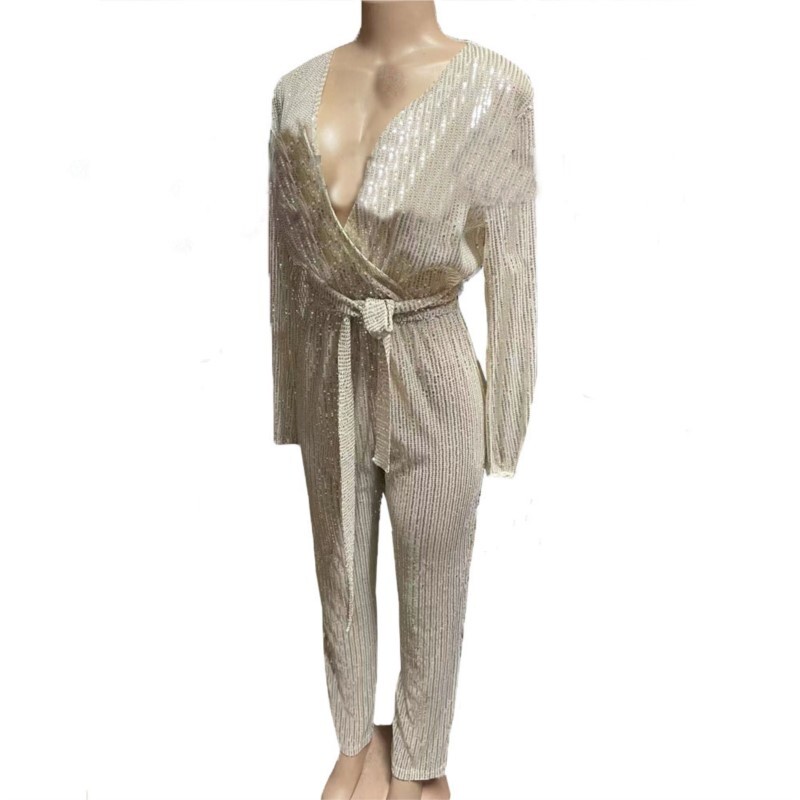 Naiste kombinesoon, seksikas V-kaelusega litrid, pikkade varrukatega vabaaja vöökombinesoonid naistele kõrge vöökohaga mängukostüüm Elegantne naiste peokoos