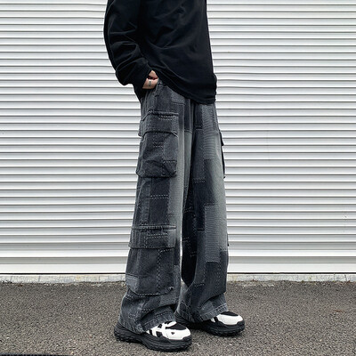 Vintage Patchwork Plaid Cargo Teksad Mehed Naised Kottis teksapüksid Tänavarõivad Hip Hop Mitme taskuga Safari stiil vabaaja