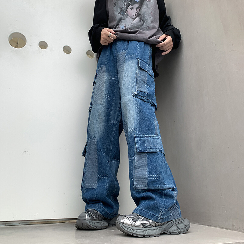 Vintage Patchwork Plaid Cargo Teksad Mehed Naised Kottis teksapüksid Tänavarõivad Hip Hop Mitme taskuga Safari stiil vabaaja