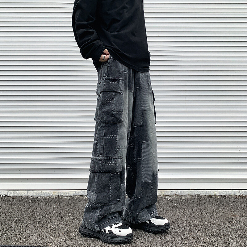 Vintage Patchwork Plaid Cargo Teksad Mehed Naised Kottis teksapüksid Tänavarõivad Hip Hop Mitme taskuga Safari stiil vabaaja