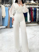 Naiste laia säärega püksid Lihtsad kombinesoonid, sügise pikkade varrukatega V-kaelusega moodsad mängukostüümid, 2024. aasta soliidsed lapilised šikid naiste bodid