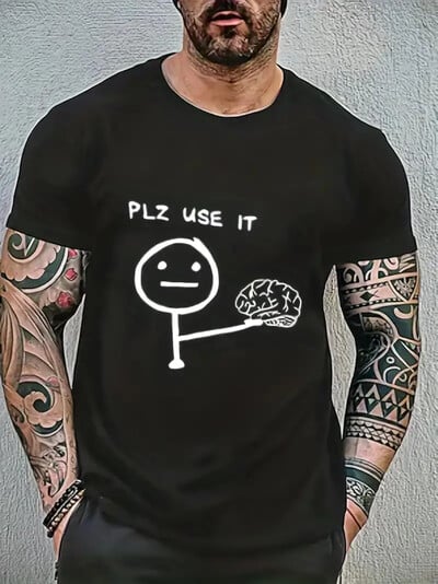 PLZ USE IT Tricou cu mânecă scurtă, cu imprimeu cu desene animate, pentru bărbați, cu decolteu, tricou grafic din bumbac, pijama casual de vară.