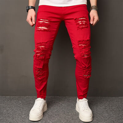 High Street bărbați HipHop găuri skinny stretch blugi pantaloni stilați bărbați distressed slim denim creion pantaloni