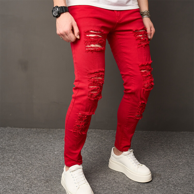 High Street Мъжки хип-хоп дупки Тесни еластични дънки Панталони Стилни мъжки изтощени тънки дънкови панталони тип молив