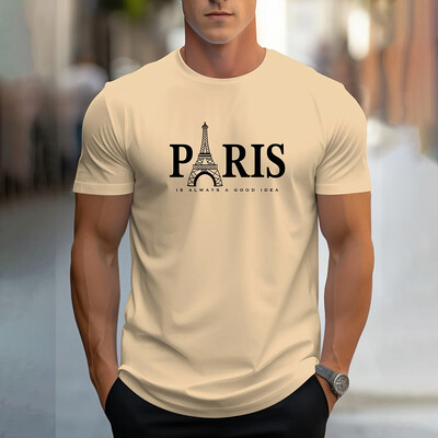 Модна мъжка тениска с щампа на букви Париж Ежедневна едноцветна тениска с къс ръкав Облекло Летни големи размери Свободни тениски с О-образно деколте