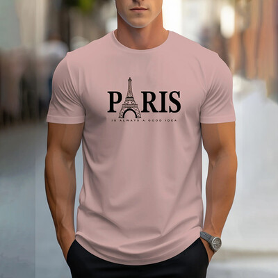 Модна мъжка тениска с щампа на букви Париж Ежедневна едноцветна тениска с къс ръкав Облекло Летни големи размери Свободни тениски с О-образно деколте