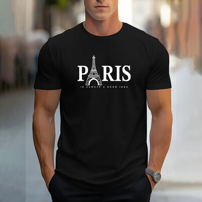 Модна мъжка тениска с щампа на букви Париж Ежедневна едноцветна тениска с къс ръкав Облекло Летни големи размери Свободни тениски с О-образно деколте