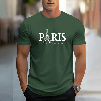 Модна мъжка тениска с щампа на букви Париж Ежедневна едноцветна тениска с къс ръкав Облекло Летни големи размери Свободни тениски с О-образно деколте