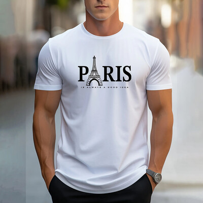 Модна мъжка тениска с щампа на букви Париж Ежедневна едноцветна тениска с къс ръкав Облекло Летни големи размери Свободни тениски с О-образно деколте