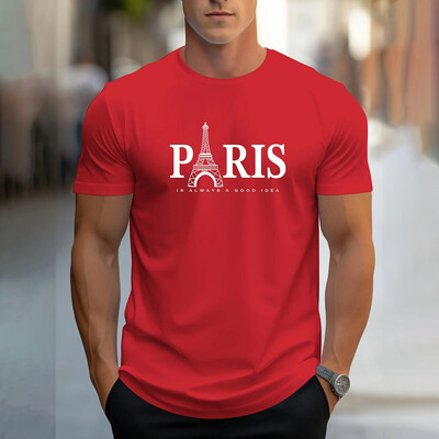 Модна мъжка тениска с щампа на букви Париж Ежедневна едноцветна тениска с къс ръкав Облекло Летни големи размери Свободни тениски с О-образно деколте