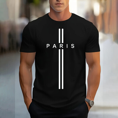 Модна мъжка тениска с щампа на букви Париж Ежедневна едноцветна тениска с къс ръкав Облекло Летни големи размери Свободни тениски с О-образно деколте