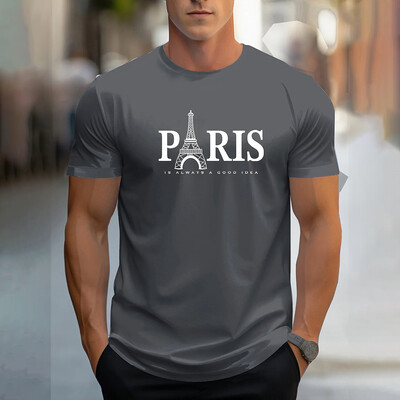 Модна мъжка тениска с щампа на букви Париж Ежедневна едноцветна тениска с къс ръкав Облекло Летни големи размери Свободни тениски с О-образно деколте