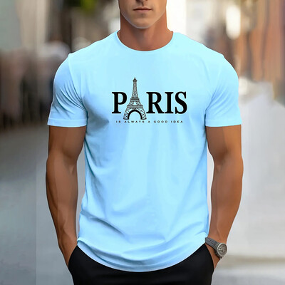 Модна мъжка тениска с щампа на букви Париж Ежедневна едноцветна тениска с къс ръкав Облекло Летни големи размери Свободни тениски с О-образно деколте